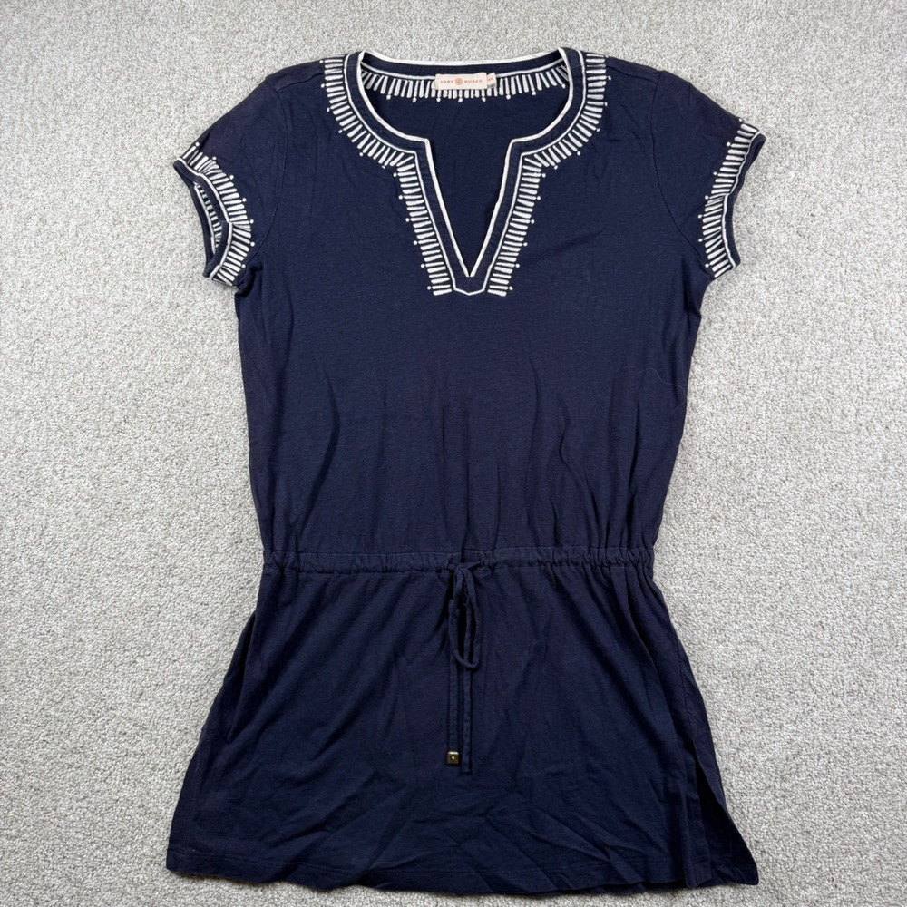 Tory Burch Tunic Top Womens Medium Navy Blue Linen Cotton Embroidered Drawstring